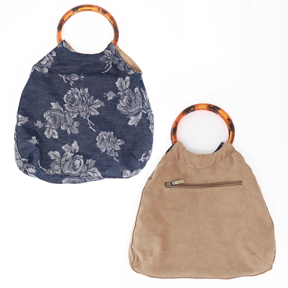 Reversible Handbag Women Damask Ultra Suede Satchel Round Handles Shoulder Bag